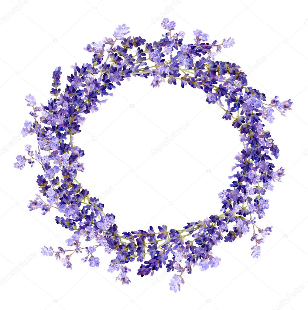Hand drawn watercolor wreath with lavender branches and lilac limonium flowers isolated on a white background. 