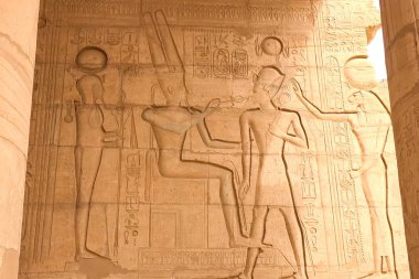 Duvarlarda ve sütunlarda Mısır hiyeroglifleri ve çizimleri var. Mısır dili, eski tanrıların ve insanların hiyeroglifler ve çizimler içindeki yaşamı.