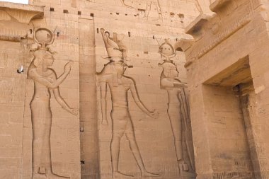 Duvarlarda ve sütunlarda Mısır hiyeroglifleri ve çizimleri var. Mısır dili, eski tanrıların ve insanların hiyeroglifler ve çizimler içindeki yaşamı.