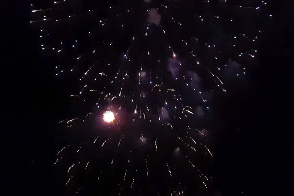 Saludo Festivo Cielo Nocturno Explosiones Fuegos Artificiales — Foto de Stock