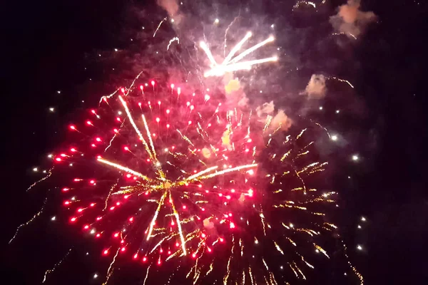 Saluto Festivo Nel Cielo Notturno Esplosioni Fuochi Artificio — Foto Stock