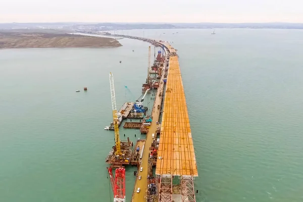 Construction of the bridge. Engineering facilities for the construction of a railway and automobile bridge across the strait.