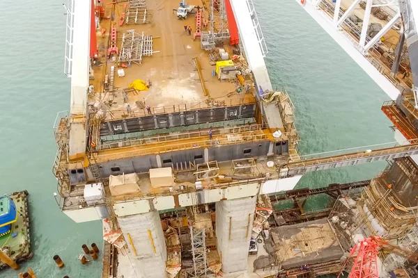 Construction of the bridge. Engineering facilities for the construction of a railway and automobile bridge across the strait.