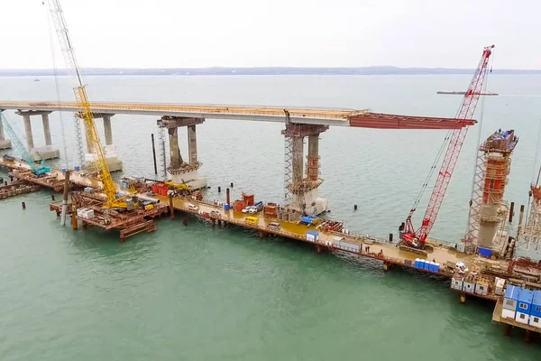 Construction of the bridge. Engineering facilities for the construction of a railway and automobile bridge across the strait.