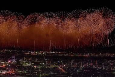 Gece gökyüzünde kutlama selamı. Megalopolis 'i selamlayın. Havai fişek patlamaları.