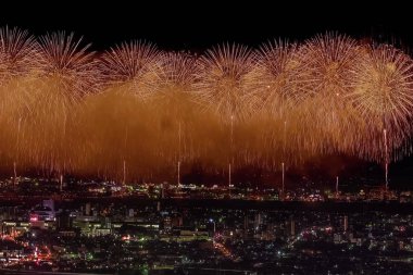 Gece gökyüzünde kutlama selamı. Megalopolis 'i selamlayın. Havai fişek patlamaları.
