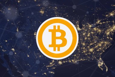 Amerika Birleşik Devletleri'nin gece harita üzerinde logo bitcoin. kripto para birimi simgesi.