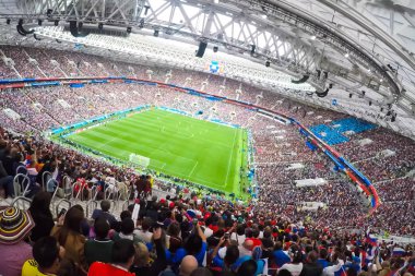 Soçi, Rusya - 15 Haziran 2018: Sochi, stadyum fisht. Fanlar stadyum dolu. Portekiz vs İspanya maç