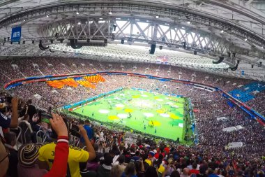 Soçi, Rusya - 15 Haziran 2018: Sochi, stadyum fisht. Fanlar stadyum dolu. Portekiz vs İspanya maç