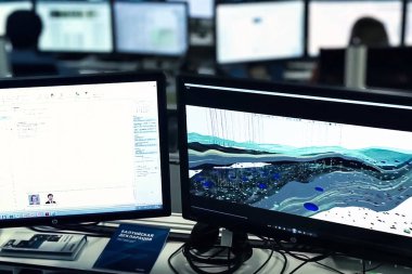 Ohotsk Denizi Sakhalin, Rusya Federasyonu - 26 Temmuz 2017: monitörler gasprom şirket rezervuarı yağ mevduat şemalı.