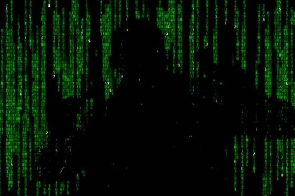 Silhueta Homem Dados Digitais Verdes Símbolo Hacker — Fotografia de Stock