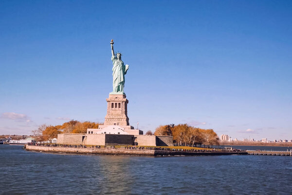 New York, USA - October 15, 2017: Statue of Liberty is the symbol of America. Free people. The sym