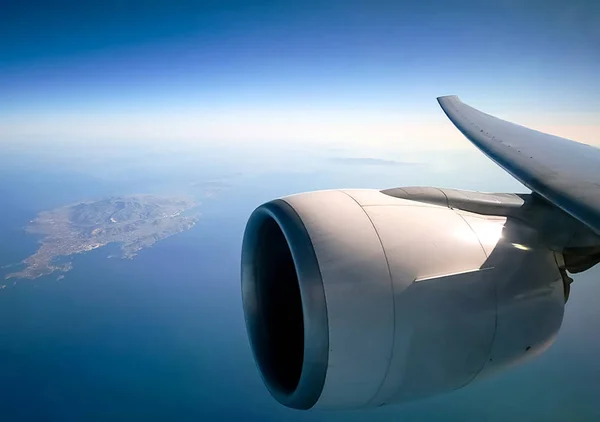 Vue Depuis Fenêtre Avion Passager Pendant Vol Aile Turbomoteur Avion — Photo