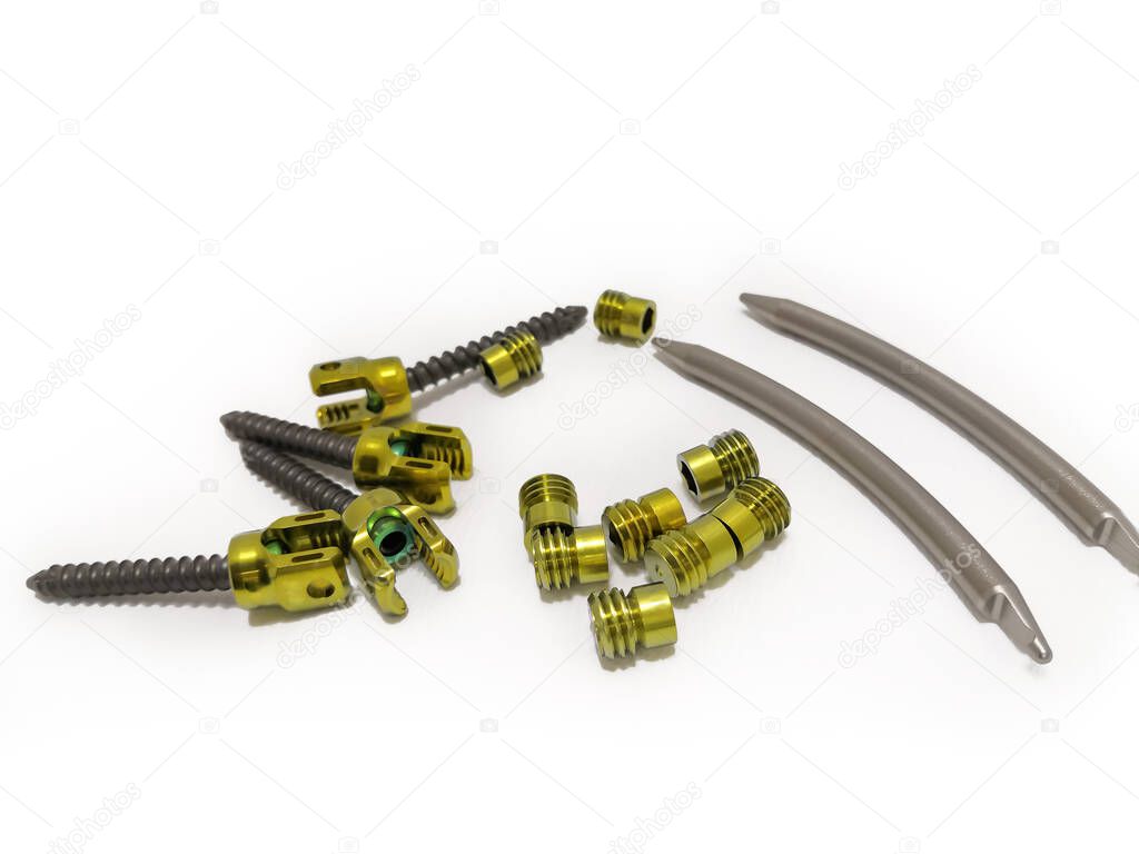 Pedicle Screws, Nuts and Rods In Isolated Background. Using For Spinal Fusion Surgery