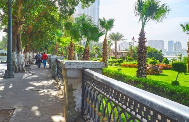 Cairo, Mısır - 24 Aralık 2017: Dar kaldırım boyunca Corniche Bulvarı gölgeli banyan ağaçları ve palm bahçe çit, 24 Aralık Kahire'de arkasında bir görünüm ile.