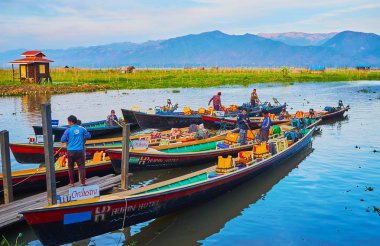 Ywama, Myanmar - 18 Şubat 2018: Kediler yeşil kayan çiftlikleri bir görünüm ve dağ üzerinde 18 Şubat Ywama içinde arka plan üzerinde atlama Nga Phe Chaung Manastırı, turist sıkılmış boaters bekle.