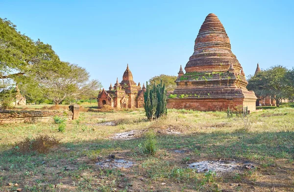 Opuštěné Chrámy Bagan Pomalu Zarostlé Trávou Zničeny Myanmar — Stock fotografie