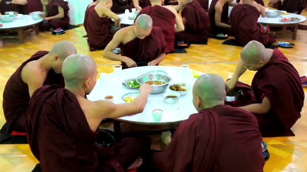 Bago Myanmar February 2018 Bhikkhu Monks Sit Floor Table Dining — Stock Video