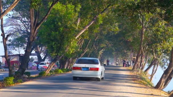 Nyaungshwe Myanmar February 2018 Lush Trees Provide Shade Road Tharzi — Stock Video