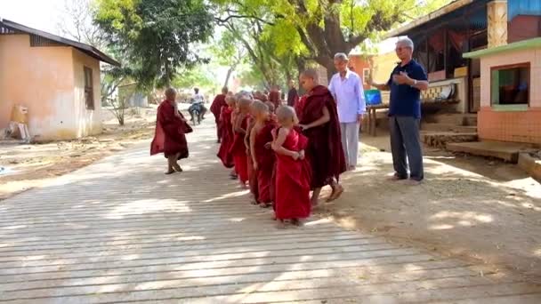 Bagão Mianmar Fevereiro 2018 Pequenos Órfãos Monges Noviços Bhikkhu Mosteiro — Vídeo de Stock