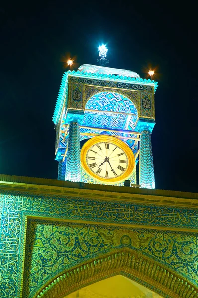 Hermosa Torre Del Reloj Histórica Mezquita Ganjali Khan Decorada Con — Foto de Stock