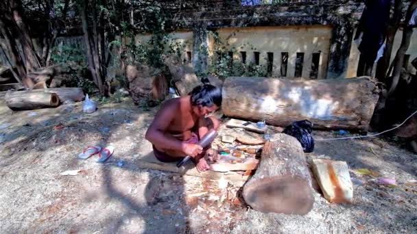 Bagan Myanmar February 2018 Young Artisan Carving Carves Wooden Sculpture — Stock Video