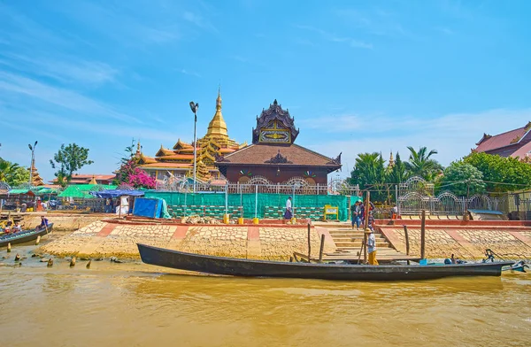 Ywama, Myanmar - 18 Şubat 2018: Hpaung Daw U Pagoda 18 Şubat Ywama içinde kanal Inle Gölü arasında altın tapınak üzerinde görünümü.