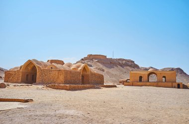 The ruins of ancient ceremonial buildings (khaiele) of Zoroastrian community, preserved on grounds of Dakhma (Towers of Silence) archaeological site, Yazd, Iran.