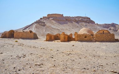 The ceremonial buildings (Khaiele) of Dakhma or Towers of Silence - the Zoroastrian burial site, located in desert, Yazd, Iran.