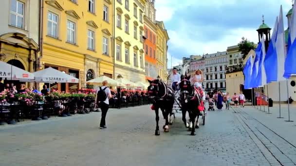 Krakow Polen Juni 2018 Turister Njuta Vagn Turer Längs Torget — Stockvideo