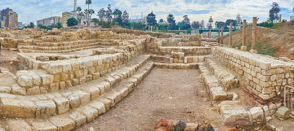 The ruins of Roman lecture halls in archaeological site of Kom El Dekka (Kom Ad Dikah), also famous as Roman Auditorium, Alexandria, Egypt.