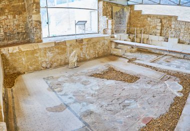 Alexandria, Mısır - 18 Aralık 2017: İç Roman Villa 18 Aralık Alexandria Kom reklam Dikka sit alanı içinde bulunan şaheser mozaik döşemeye korunmuş parçalarla kuşların.