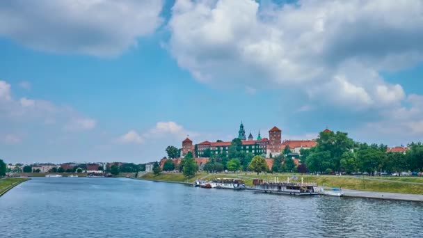 公園の緑豊かな緑の中で美しいヴァヴェル城は非表示に クラクフ ポーランドのヴィスワ川の銀行をカバー — ストック動画