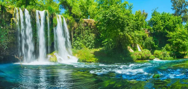 Panorama Deep Narrow Canyon Upper Duden Waterfall Lush Greenery Banks — Stock Photo, Image