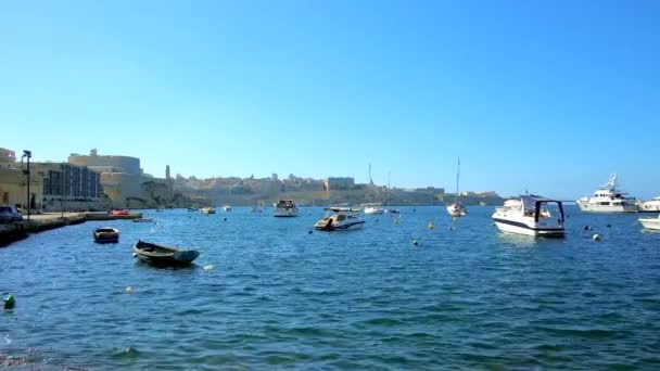 Birgu Malta June 2018 Fishing Boats Yachts Marina Kalkara Skyline — Stock Video