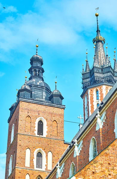 Unusual Different Style Bell Towers Mary Basilica Krakow Poland — Stock Photo, Image