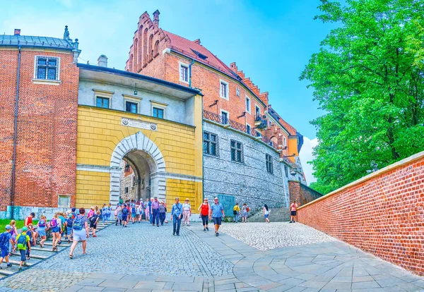 Krakow Polonia Junio 2018 Grupo Alumnos Castillo Wawel Través Las —  Fotos de Stock