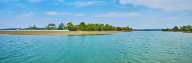 Tükürmek, arazi ile vergisel Pathein Nehri'nin halicinin Panoraması düşük tide, Chaung Tha, Myanmar, yemyeşil mangroves/EC.