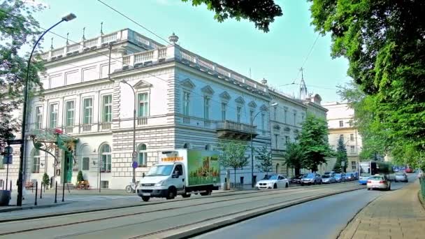 Krakow Polonia Junio 2018 Los Tranvías Recorren Calle Obwodnice Que — Vídeos de Stock