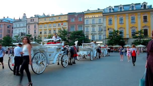 Krakow Polen Juni 2018 Rækken Hestevogne Plac Mariacki Hoved Eller – Stock-video