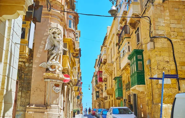 Statue Nicchia Angolo Sono Dettagli Architettonici Molto Popolari Valletta Come — Foto Stock