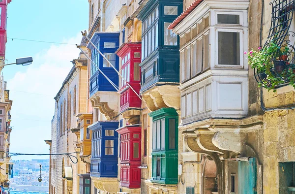 Oude Houten Maltese Balkons Zijn Traditionele Element Van Steen Historische — Stockfoto