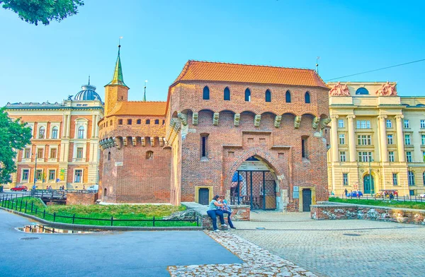 Krakow Poland June 2018 Medieval Barbakan Outer Defensive Structure City — Stock Photo, Image