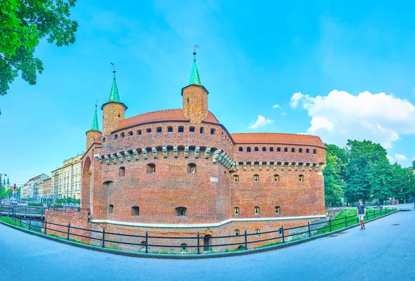 Krakow Poland June 2018 Panoramic View Medieval Barbakan Important Defensive — Stock Photo, Image