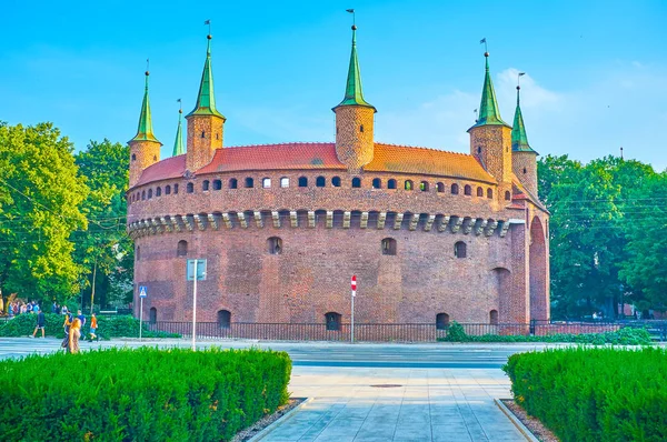 Krakow Poland June 2018 Barbakan Huge Circular Fortress Small Turrets — Stock Photo, Image