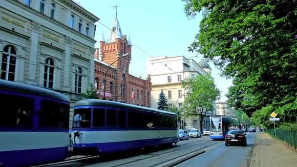 Krakow Polonia Giugno 2018 Tram Della Città Cavallo Westerplatte Con — Video Stock