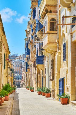 Eski konut evleri ile kaplı ve bitkiler tencere, Valletta, Malta ile dekore edilmiş Doğu caddeden aşağı yürüyüş.