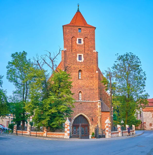 Torre Sineira Tijolo Alto Igreja Paroquial Romana Santa Cruz Cracóvia — Fotografia de Stock