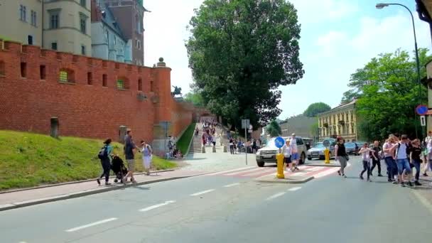 Krakow Polonia Junio 2018 Los Grupos Turísticos Cruzan Calle Castillo — Vídeo de stock