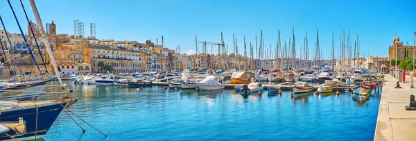 Birgu 马耳他 2018年6月17日 Vittoriosa 码头的全景与许多游艇和森格莱阿的住房在对面岸上 在6月17日在 Birgu — 图库照片